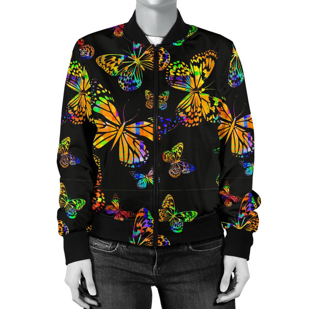 Butterfly Neon Color Print Pattern Women Casual Bomber Jacket