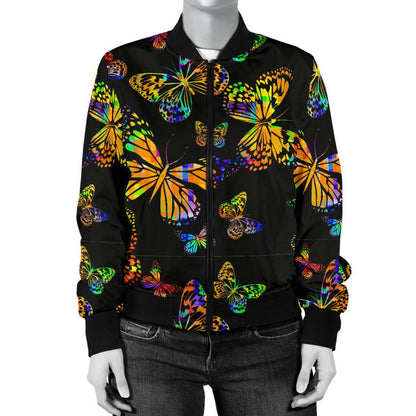 Butterfly Neon Color Print Pattern Women Casual Bomber Jacket