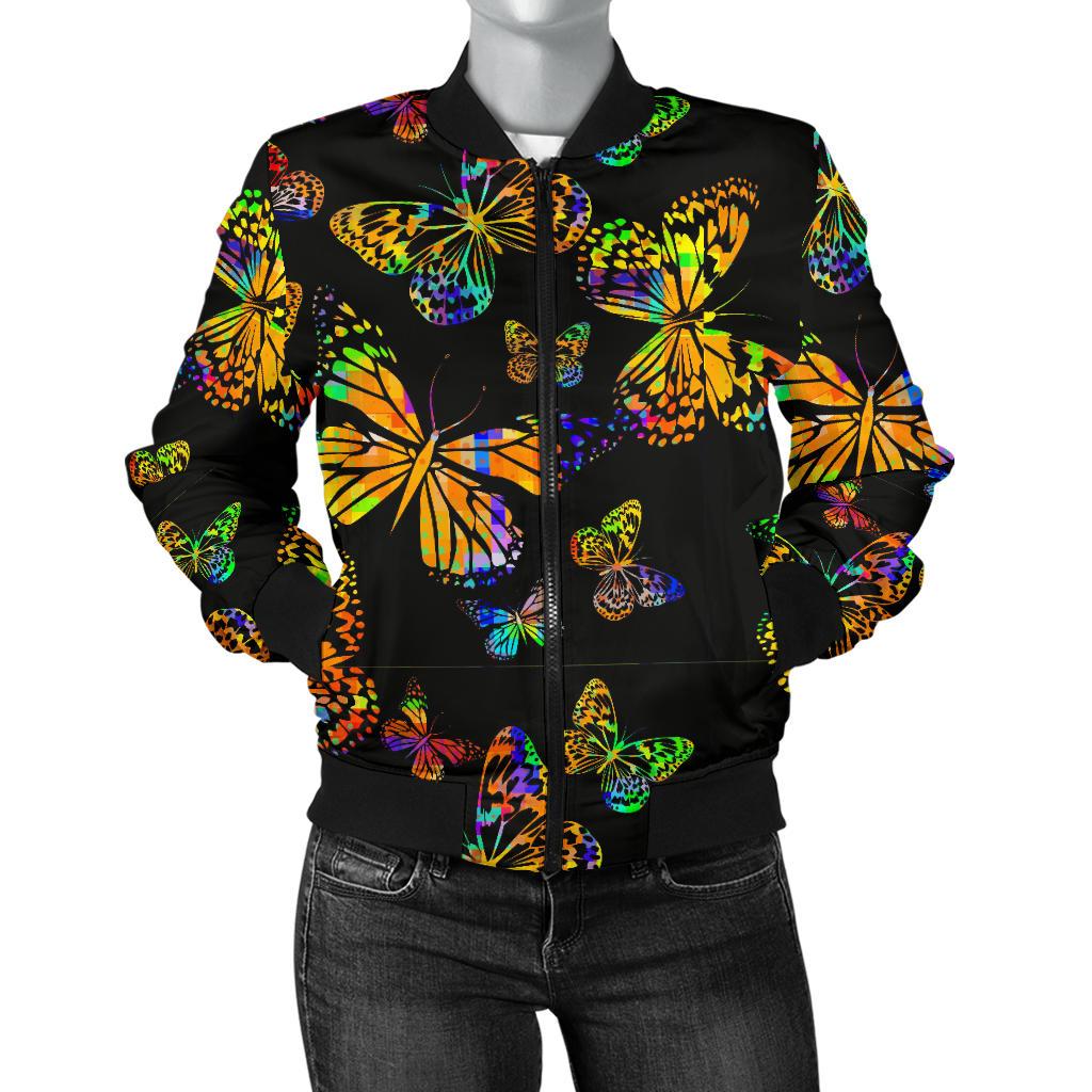 Butterfly Neon Color Print Pattern Women Casual Bomber Jacket