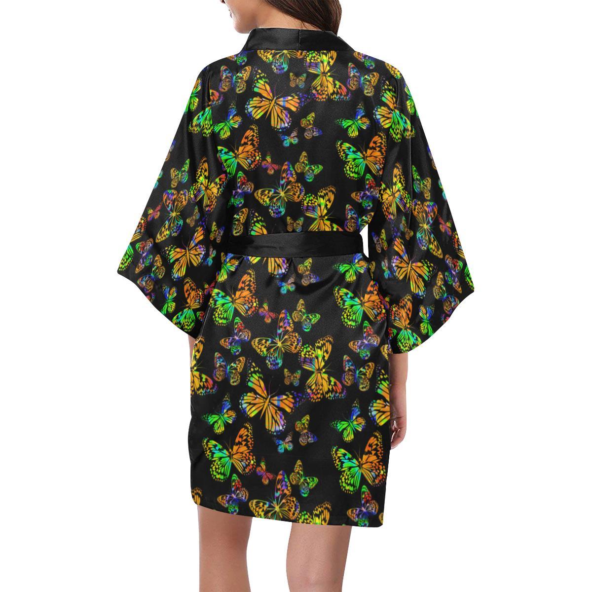 Butterfly Neon Color Print Pattern Women Short Kimono Robe