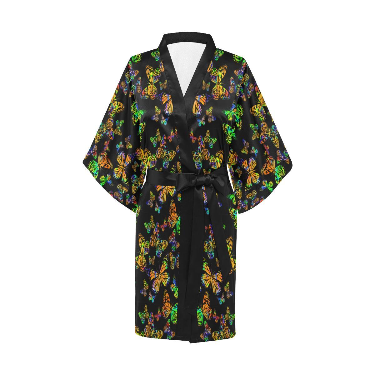 Butterfly Neon Color Print Pattern Women Short Kimono Robe