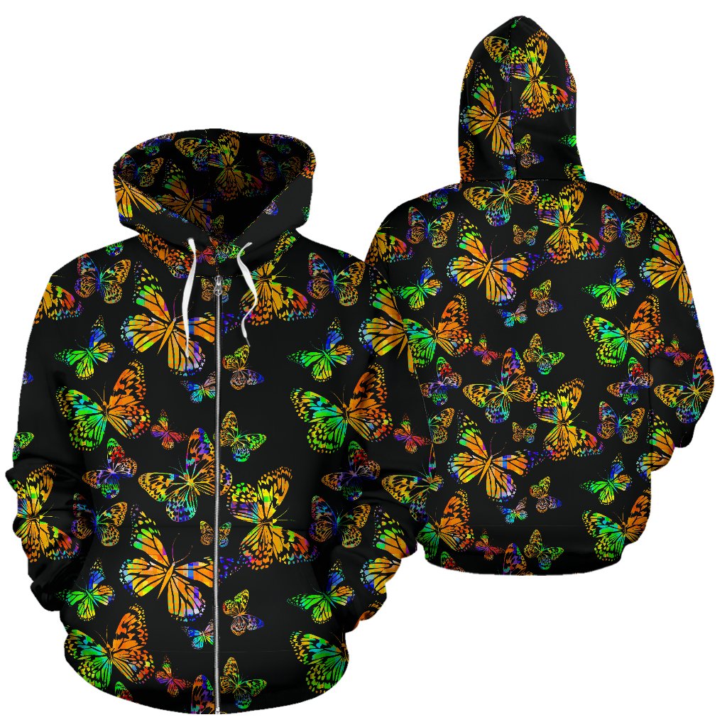 Butterfly Neon Color Print Pattern Zip Up Hoodie