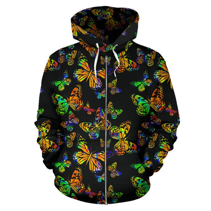 Butterfly Neon Color Print Pattern Zip Up Hoodie