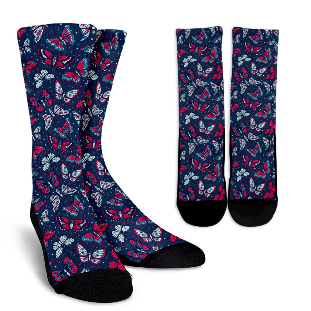 Butterfly Red Deep Blue Print Pattern Crew Socks