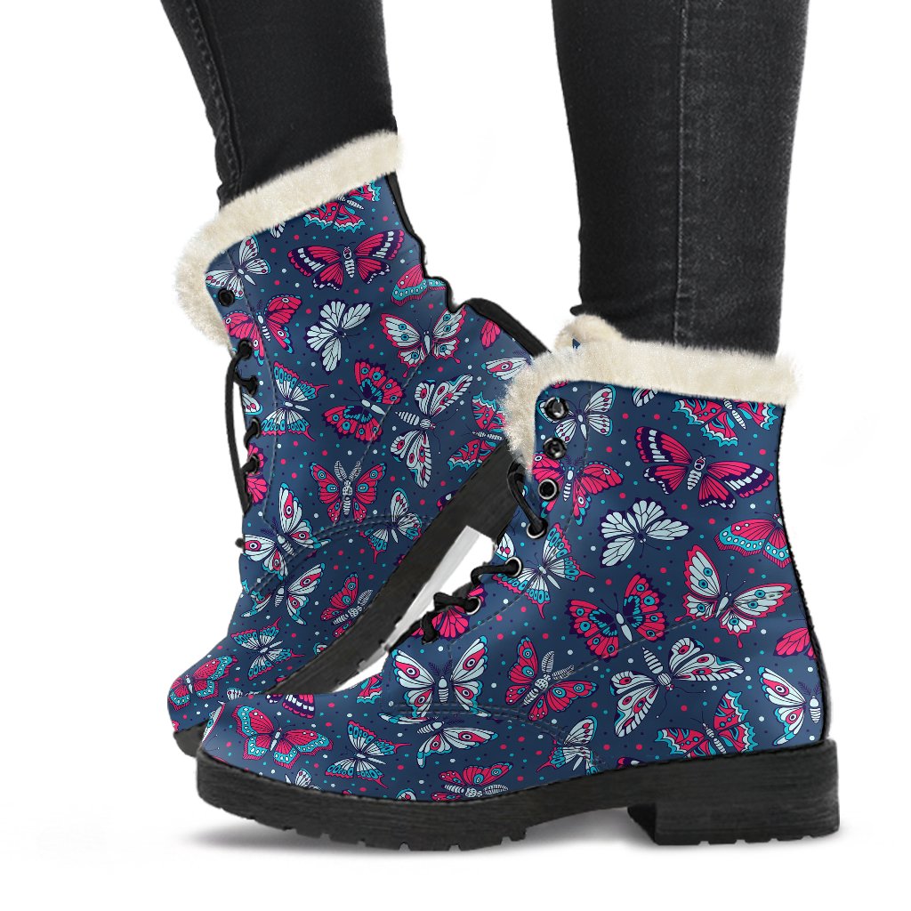 Butterfly Red Deep Blue Print Pattern Faux Fur Leather Boots-JTAMIGO.COM