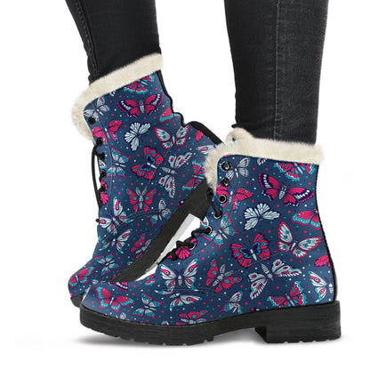 Butterfly Red Deep Blue Print Pattern Faux Fur Leather Boots-JTAMIGO.COM