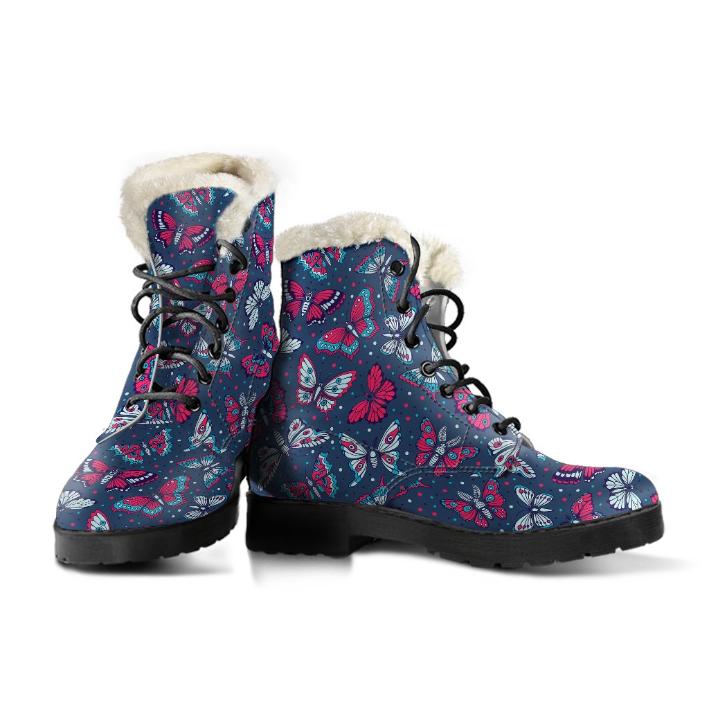 Butterfly Red Deep Blue Print Pattern Faux Fur Leather Boots-JTAMIGO.COM