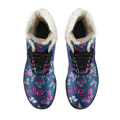 Butterfly Red Deep Blue Print Pattern Faux Fur Leather Boots-JTAMIGO.COM