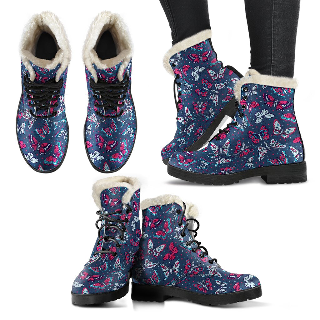 Butterfly Red Deep Blue Print Pattern Faux Fur Leather Boots-JTAMIGO.COM