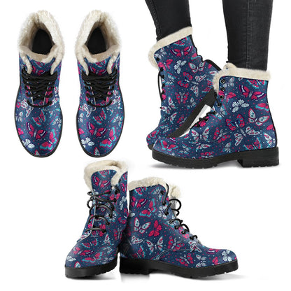 Butterfly Red Deep Blue Print Pattern Faux Fur Leather Boots-JTAMIGO.COM