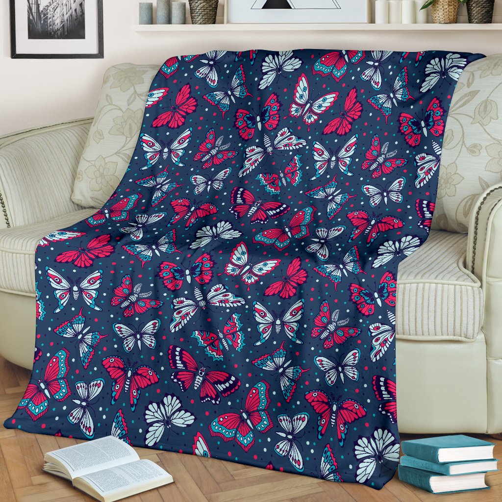Butterfly Red Deep Blue Print Pattern Fleece Blanket