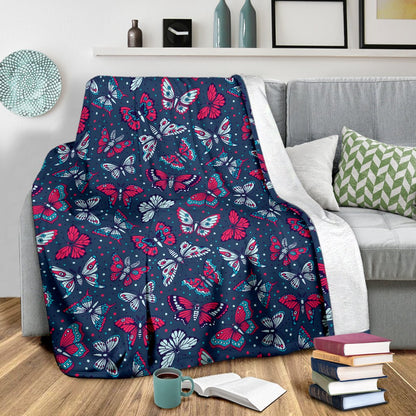 Butterfly Red Deep Blue Print Pattern Fleece Blanket