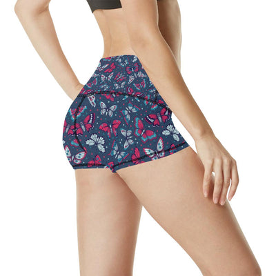 Butterfly Red Deep Blue Print Pattern High Waisted Spandex Shorts-JTAMIGO.COM