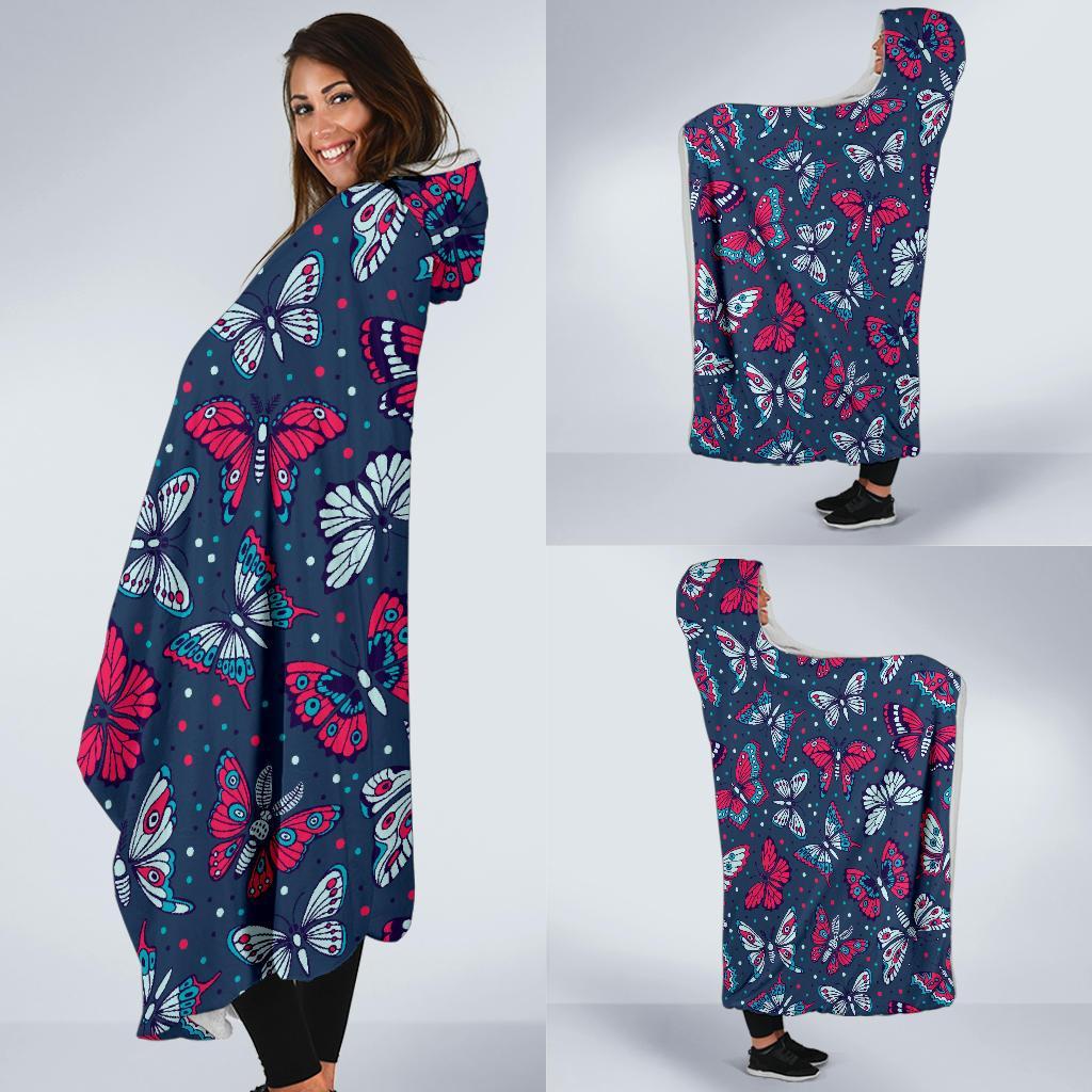 Butterfly Red Deep Blue Print Pattern Hooded Blanket-JTAMIGO.COM