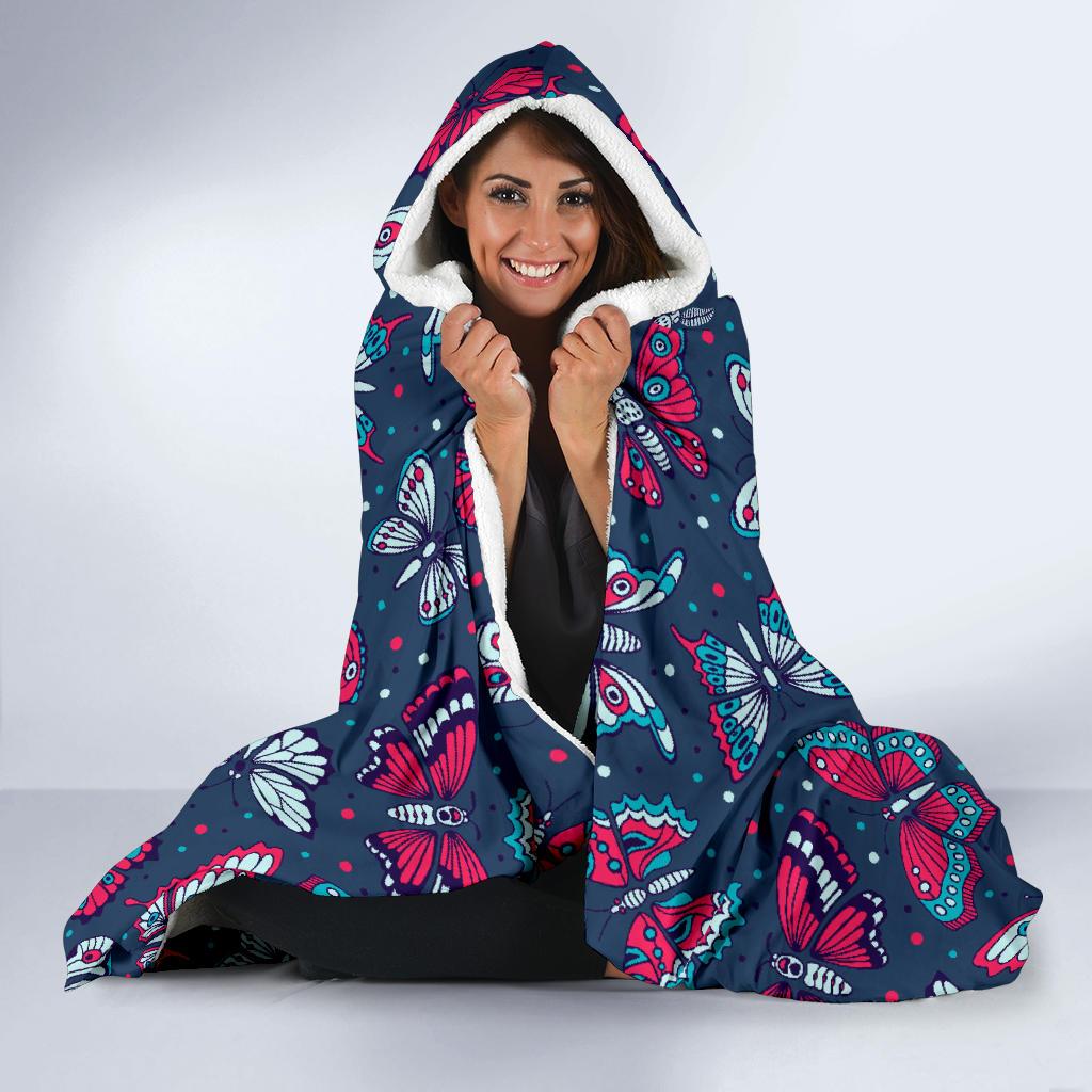 Butterfly Red Deep Blue Print Pattern Hooded Blanket-JTAMIGO.COM