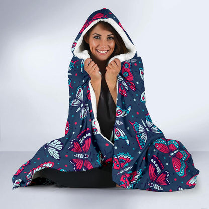 Butterfly Red Deep Blue Print Pattern Hooded Blanket-JTAMIGO.COM