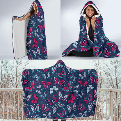 Butterfly Red Deep Blue Print Pattern Hooded Blanket-JTAMIGO.COM