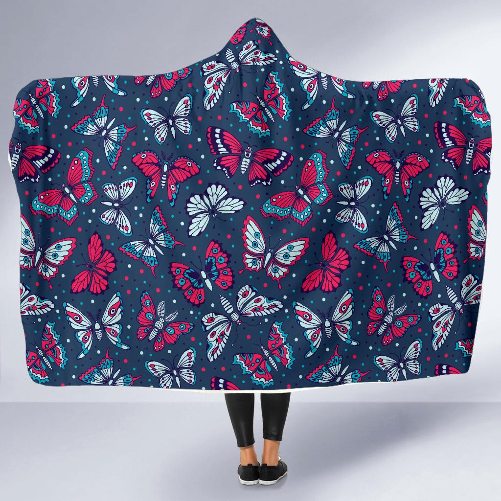 Butterfly Red Deep Blue Print Pattern Hooded Blanket-JTAMIGO.COM