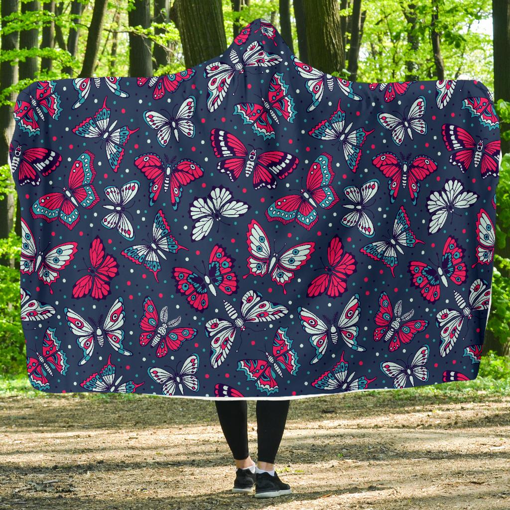 Butterfly Red Deep Blue Print Pattern Hooded Blanket-JTAMIGO.COM