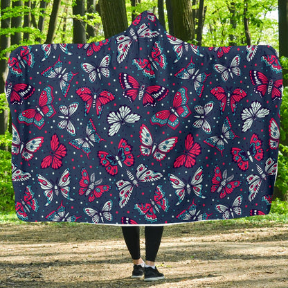 Butterfly Red Deep Blue Print Pattern Hooded Blanket-JTAMIGO.COM