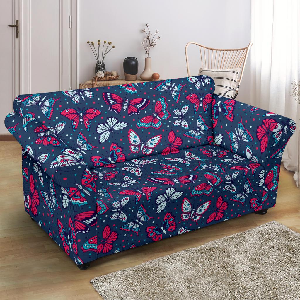 Butterfly Red Deep Blue Print Pattern Loveseat Slipcover-JTAMIGO.COM