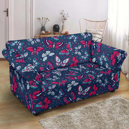 Butterfly Red Deep Blue Print Pattern Loveseat Slipcover-JTAMIGO.COM