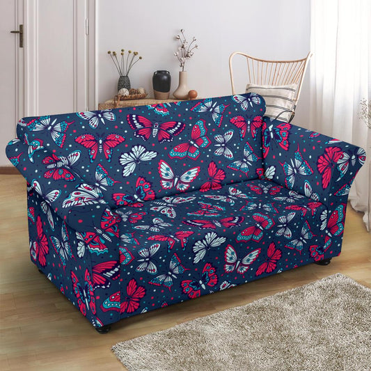 Butterfly Red Deep Blue Print Pattern Loveseat Slipcover-JTAMIGO.COM