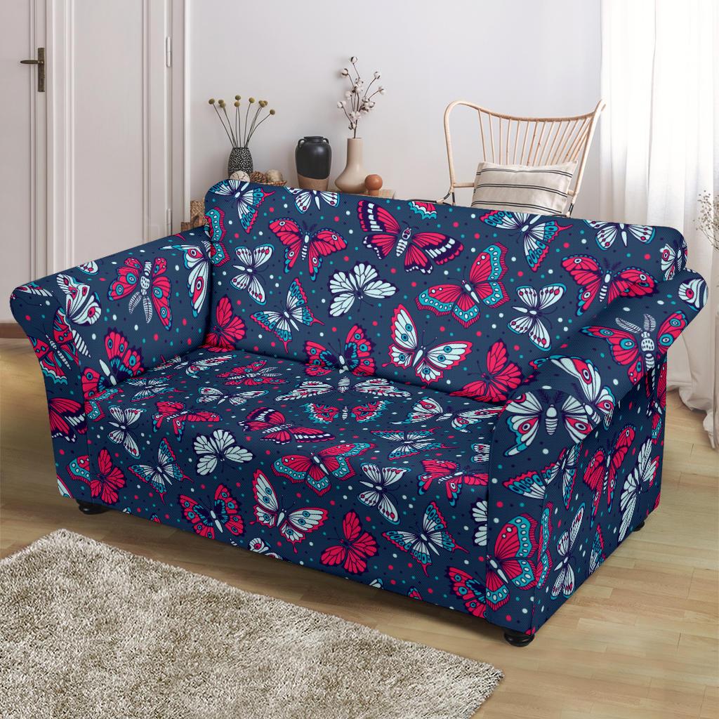 Butterfly Red Deep Blue Print Pattern Loveseat Slipcover-JTAMIGO.COM