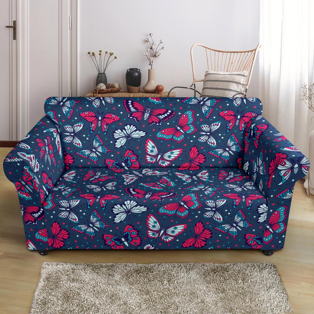 Butterfly Red Deep Blue Print Pattern Loveseat Slipcover-JTAMIGO.COM