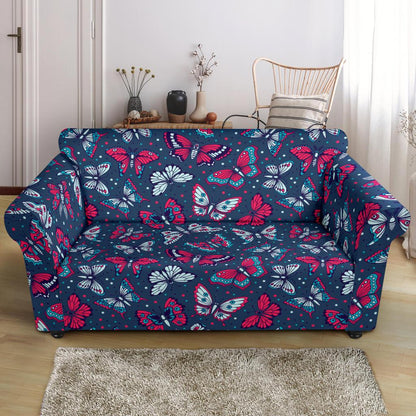 Butterfly Red Deep Blue Print Pattern Loveseat Slipcover-JTAMIGO.COM