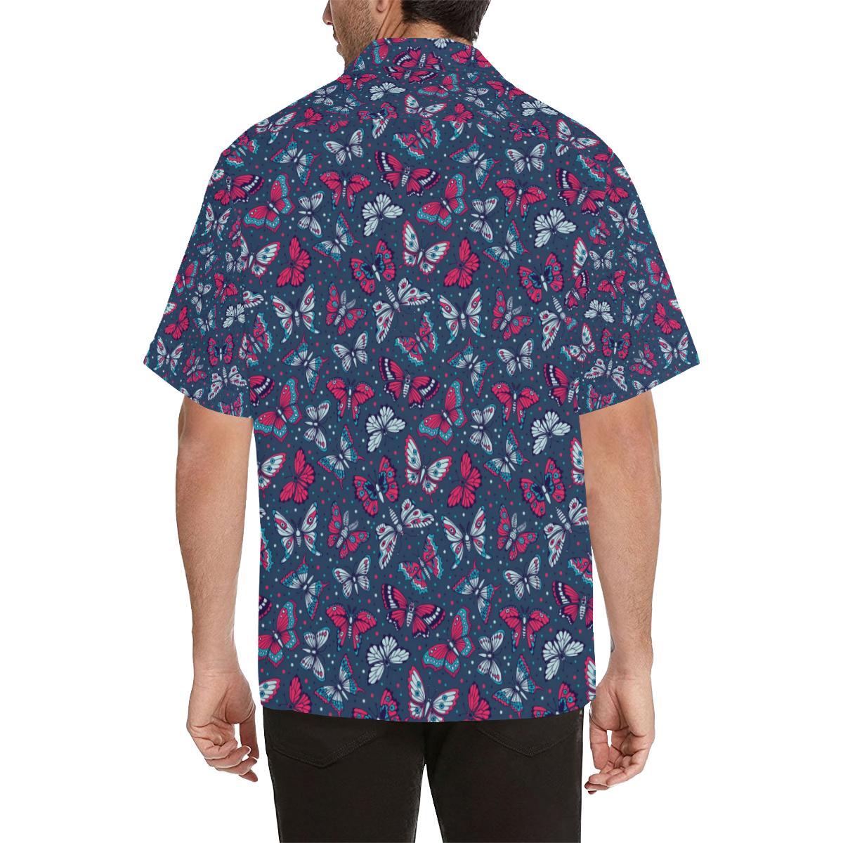 Butterfly Red Deep Blue Print Pattern Men Aloha Hawaiian Shirt