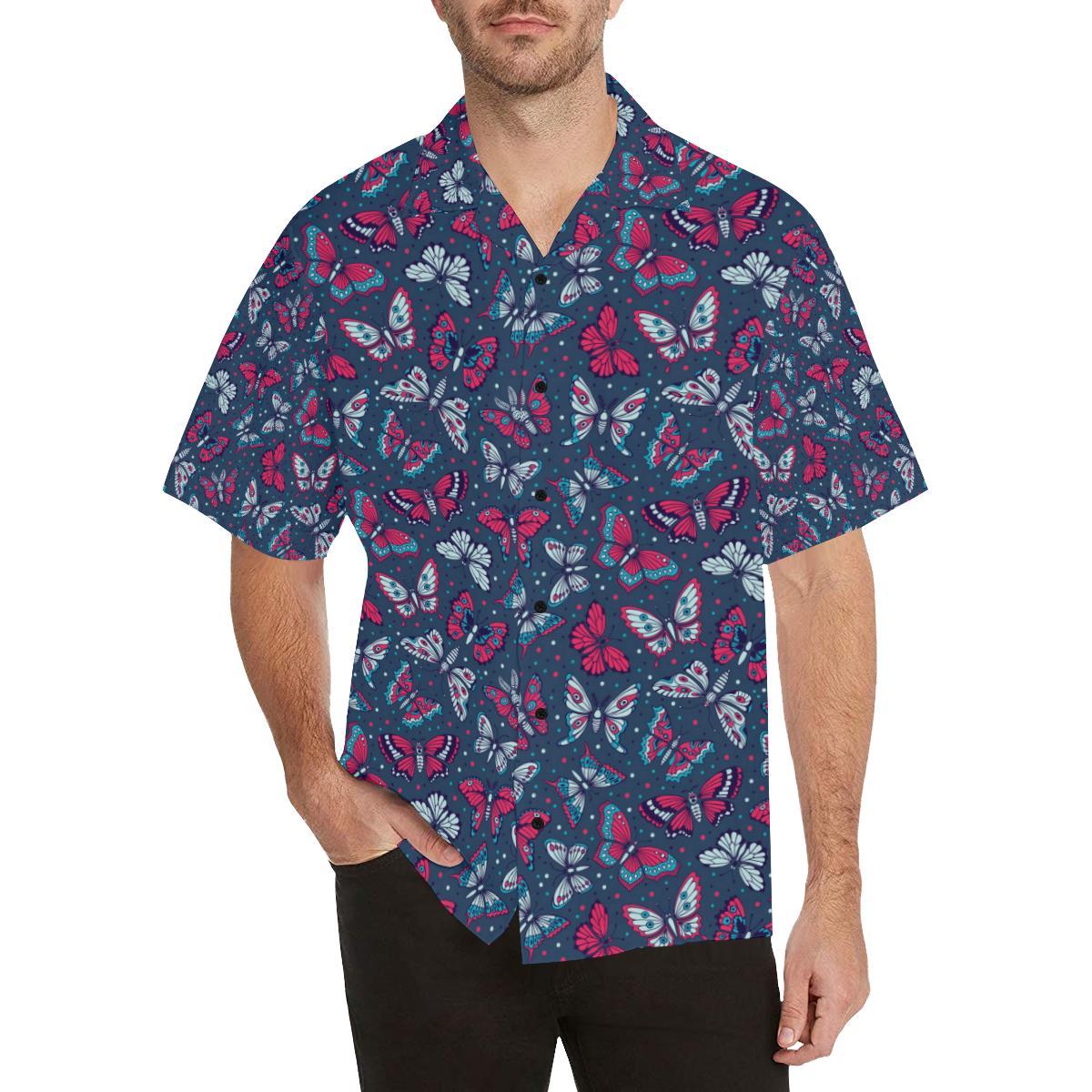 Butterfly Red Deep Blue Print Pattern Men Aloha Hawaiian Shirt