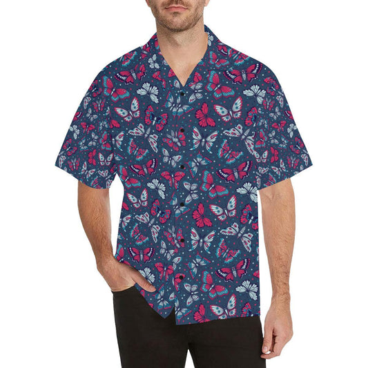 Butterfly Red Deep Blue Print Pattern Men Aloha Hawaiian Shirt