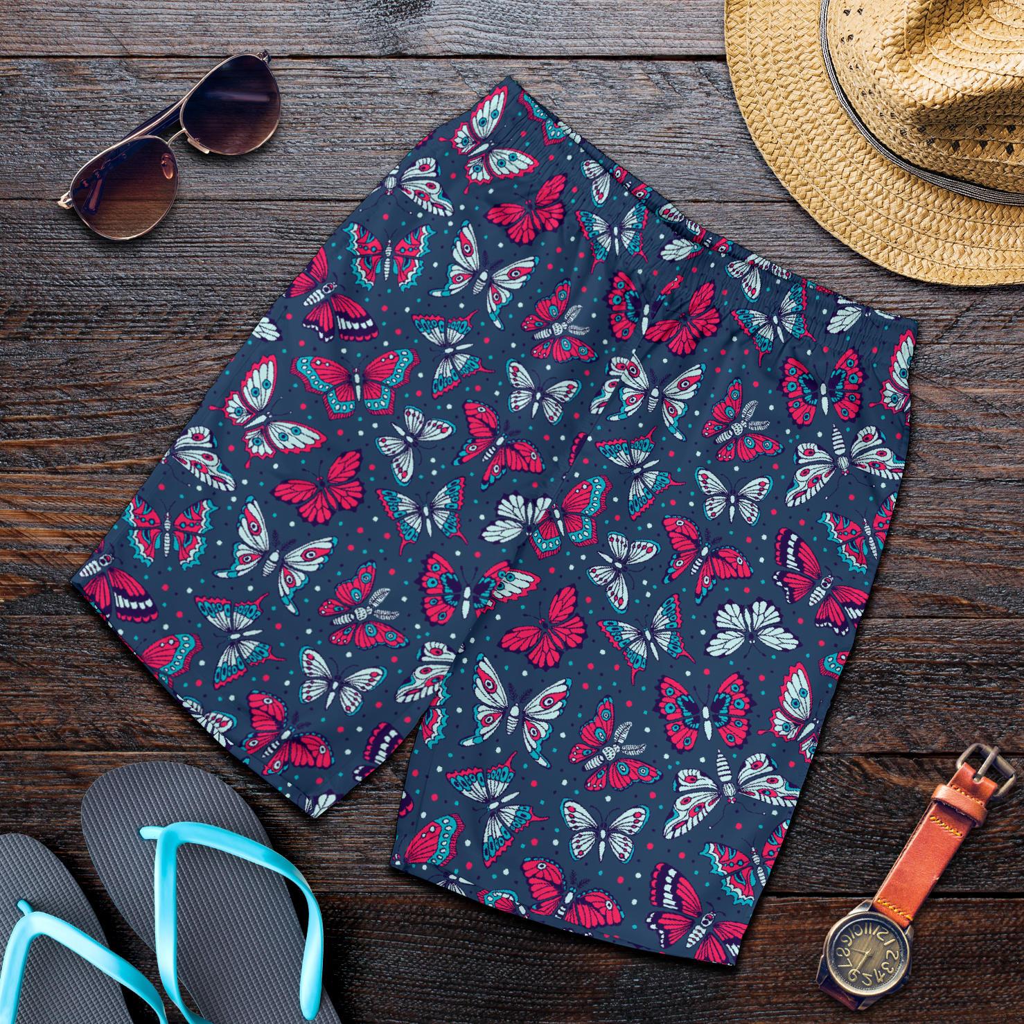 Butterfly Red Deep Blue Print Pattern Mens Shorts-JTAMIGO.COM