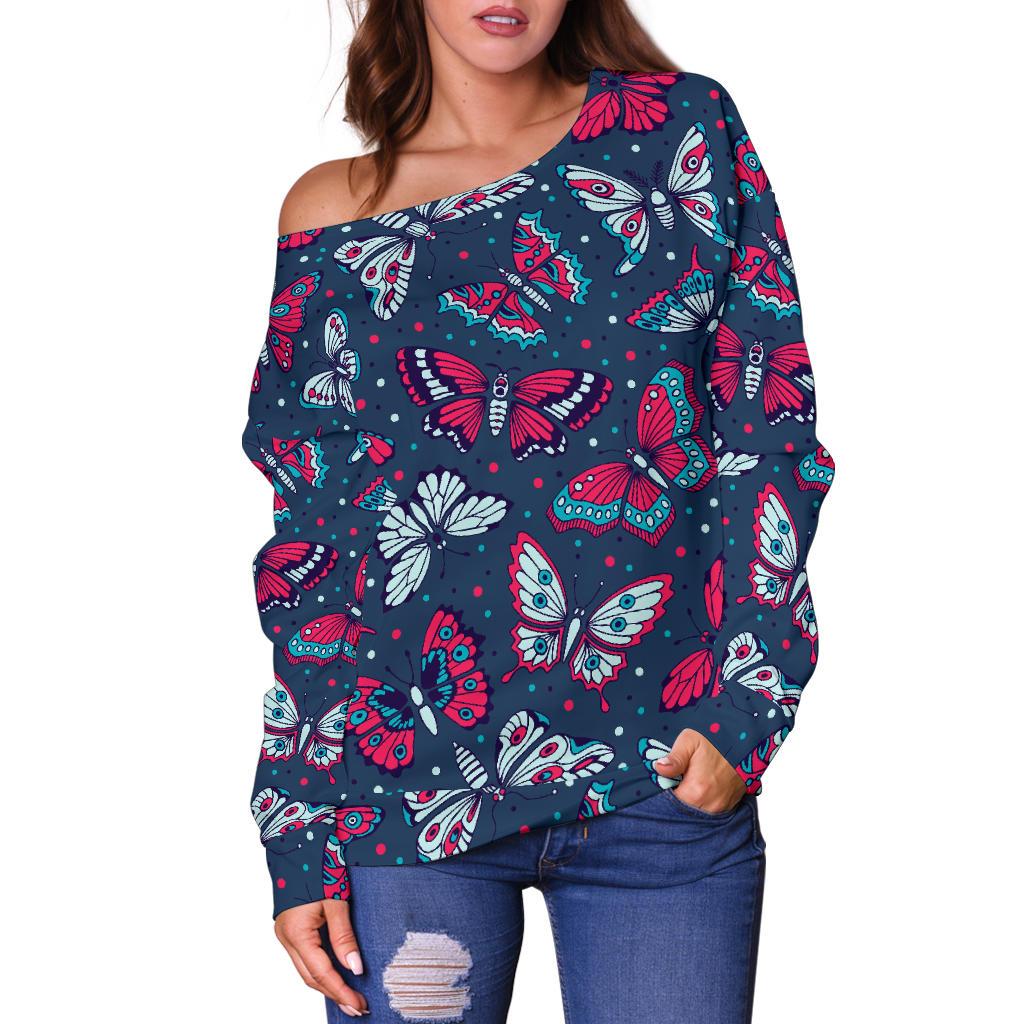 Butterfly Red Deep Blue Print Pattern Off Shoulder Sweatshirt