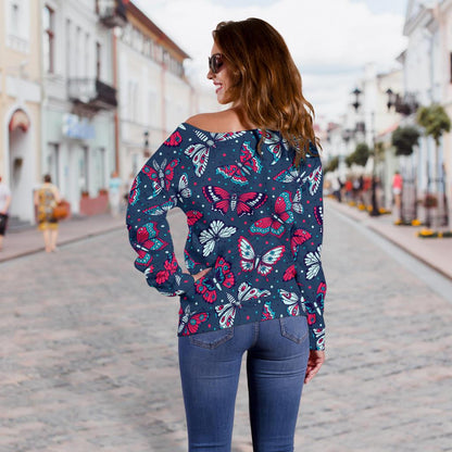 Butterfly Red Deep Blue Print Pattern Off Shoulder Sweatshirt