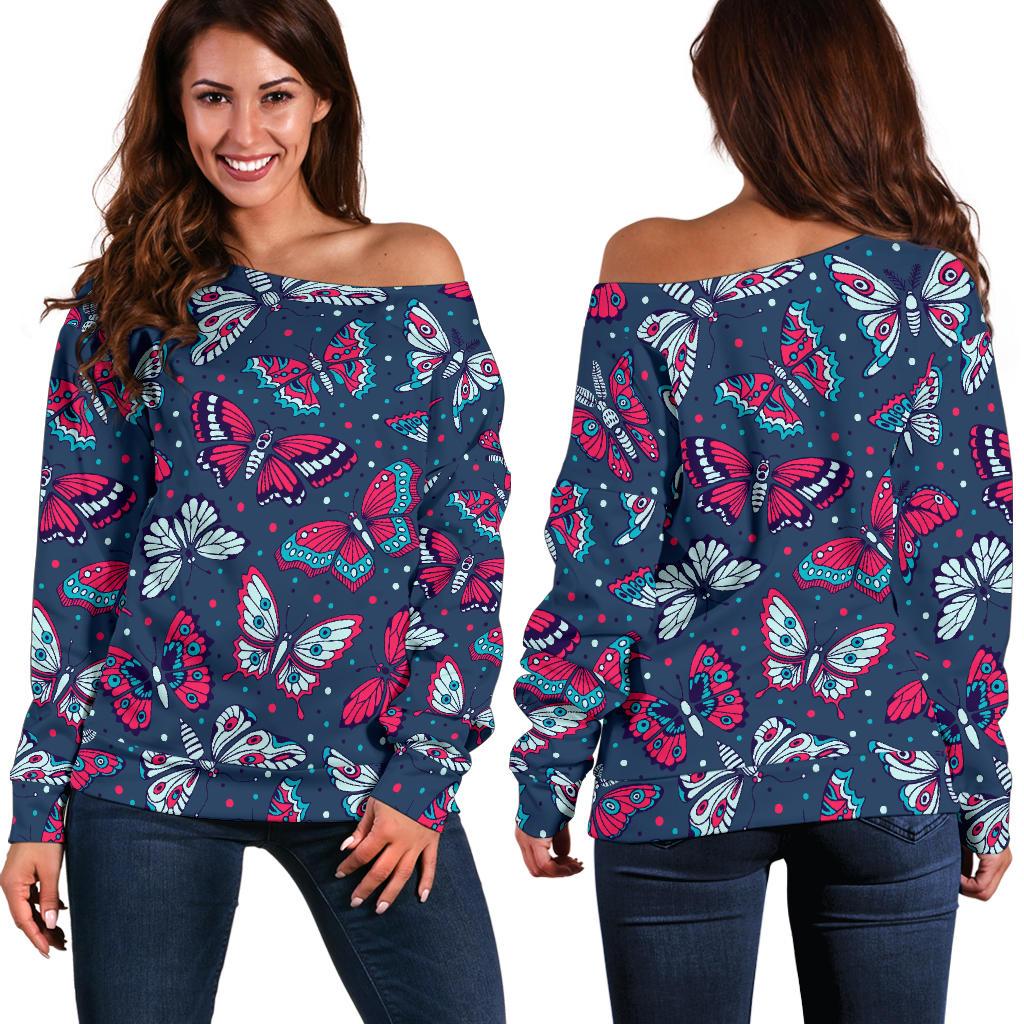 Butterfly Red Deep Blue Print Pattern Off Shoulder Sweatshirt