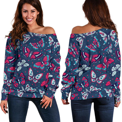 Butterfly Red Deep Blue Print Pattern Off Shoulder Sweatshirt