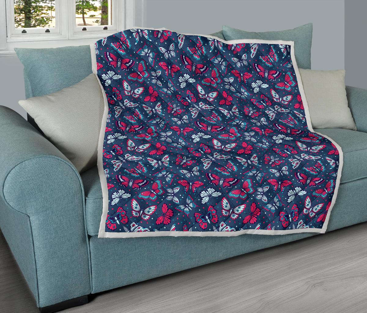 Butterfly Red Deep Blue Print Pattern Premium Quilt-JTAMIGO.COM