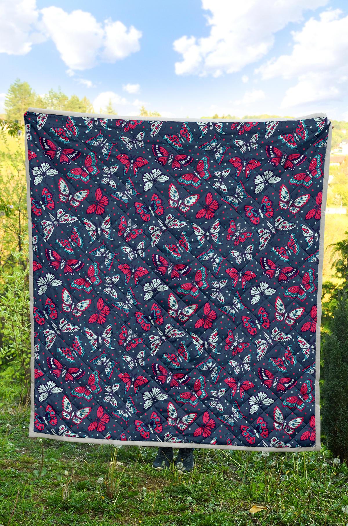 Butterfly Red Deep Blue Print Pattern Premium Quilt-JTAMIGO.COM