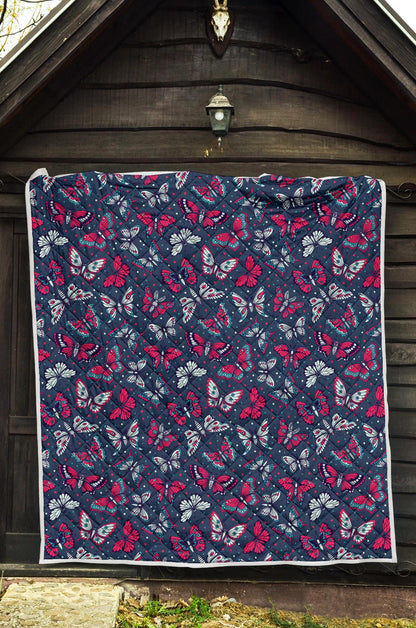 Butterfly Red Deep Blue Print Pattern Premium Quilt-JTAMIGO.COM