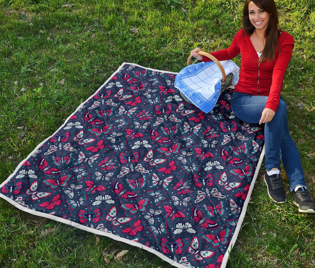Butterfly Red Deep Blue Print Pattern Premium Quilt-JTAMIGO.COM