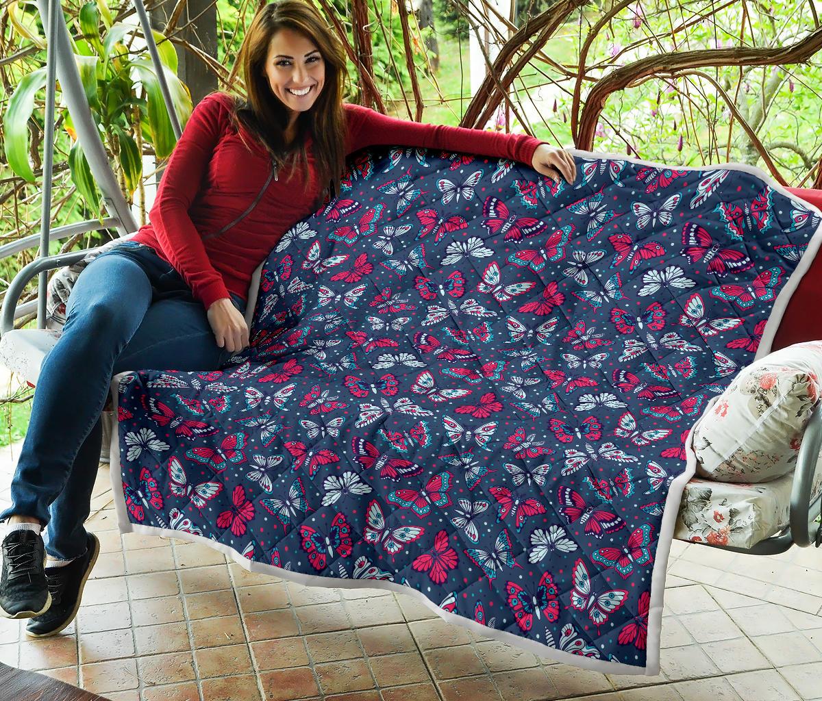 Butterfly Red Deep Blue Print Pattern Premium Quilt-JTAMIGO.COM