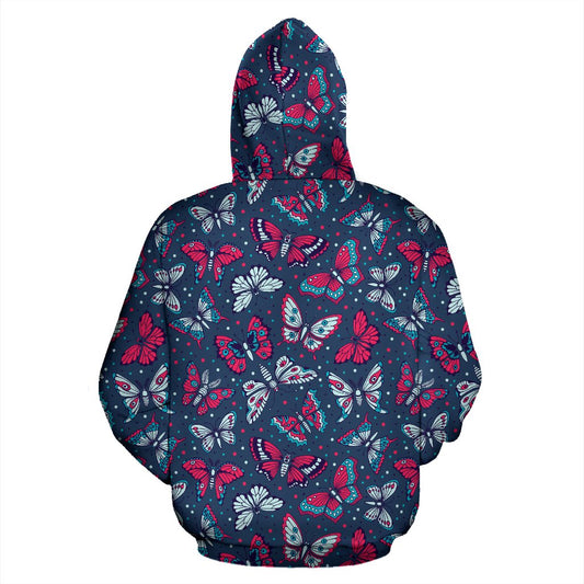 Butterfly Red Deep Blue Print Pattern Pullover Hoodie
