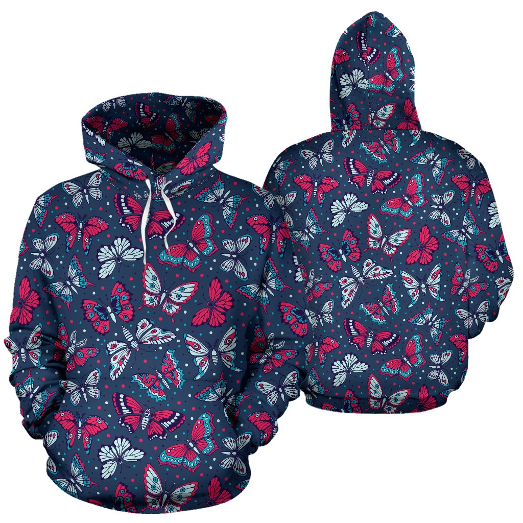 Butterfly Red Deep Blue Print Pattern Pullover Hoodie
