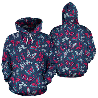 Butterfly Red Deep Blue Print Pattern Pullover Hoodie