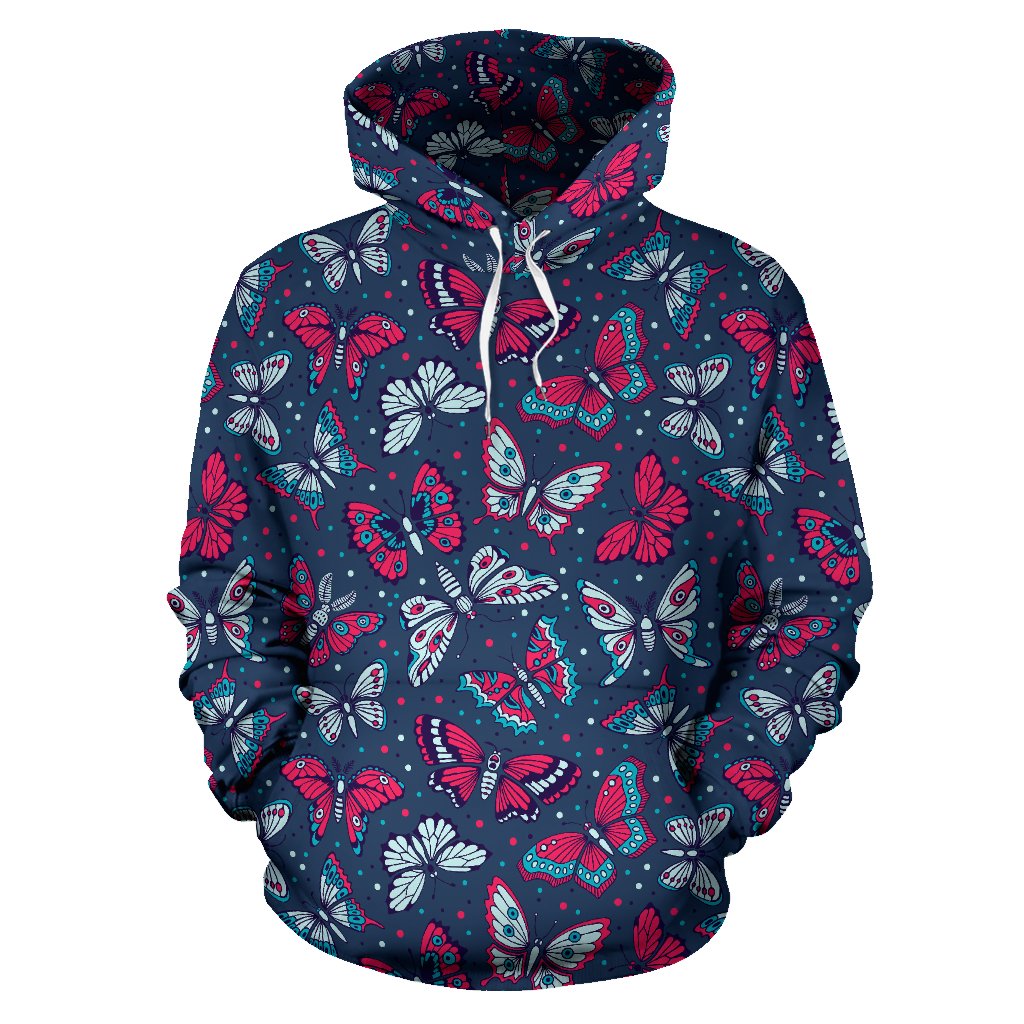 Butterfly Red Deep Blue Print Pattern Pullover Hoodie