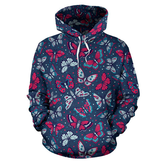 Butterfly Red Deep Blue Print Pattern Pullover Hoodie