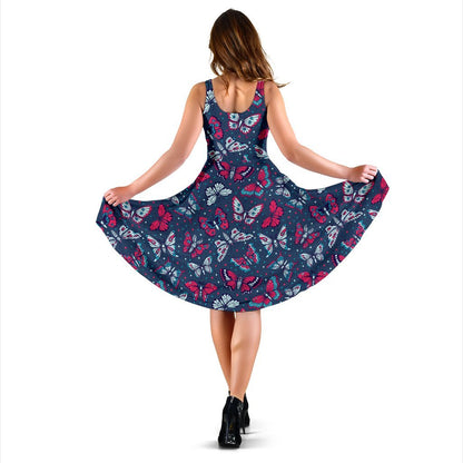 Butterfly Red Deep Blue Print Pattern Sleeveless Dress
