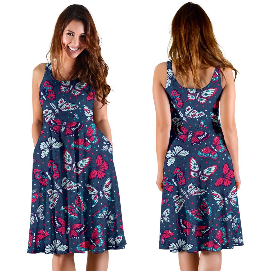Butterfly Red Deep Blue Print Pattern Sleeveless Dress